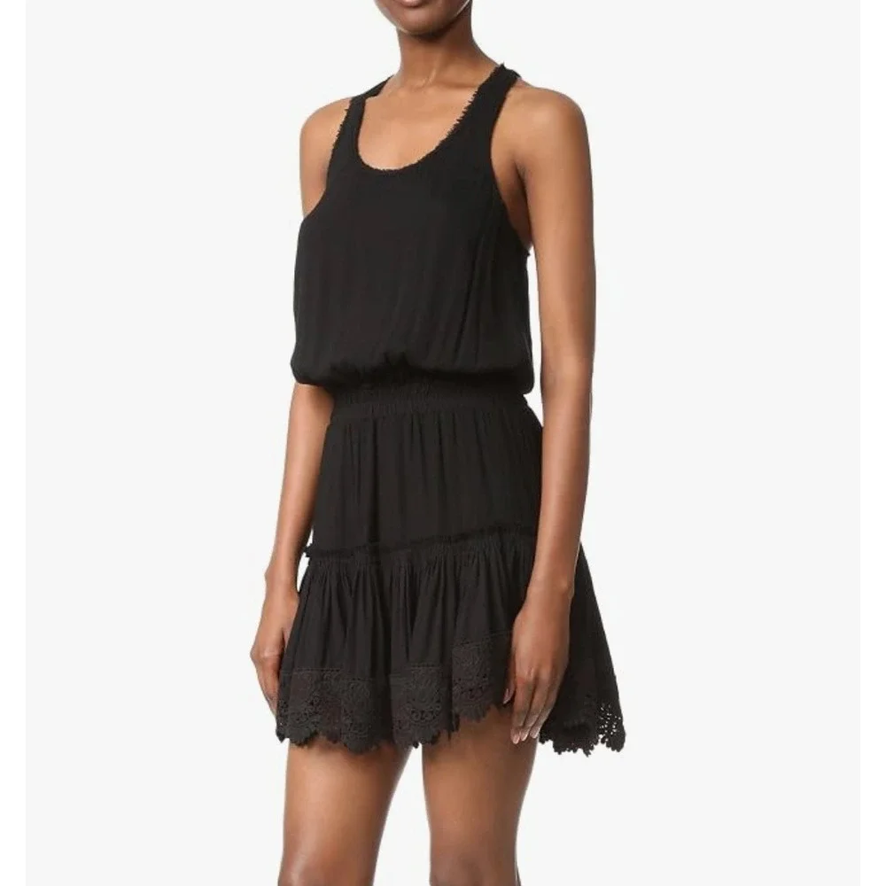 Misa Los Angeles Goldie Mini Dress Onyx Raceback Tiered Lace Trim Skirt Size XS